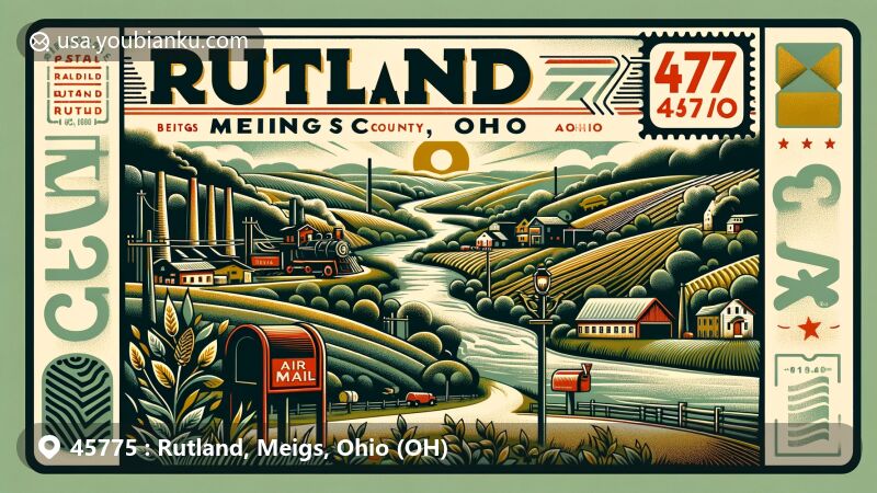 Modern illustration of Rutland, Meigs County, Ohio, showcasing postal theme with ZIP code 45775, featuring Appalachian Mountains and historical reclaimed coal hills with lush greenery.