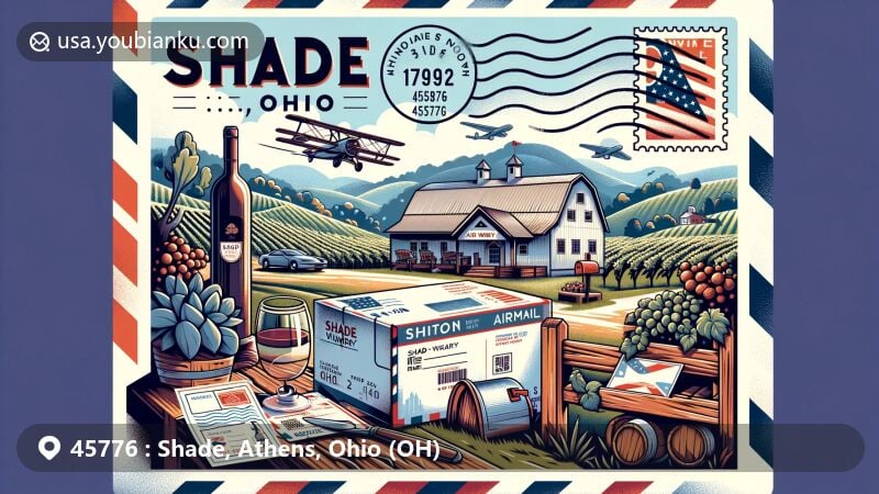 Modern illustration of Shade Winery in Shade, Ohio, against the Appalachian mountains, featuring a stylized airmail envelope with 'Shade, Ohio 45776' and a postmark, Ohio state flag elements, mailbox, and wine bottles.