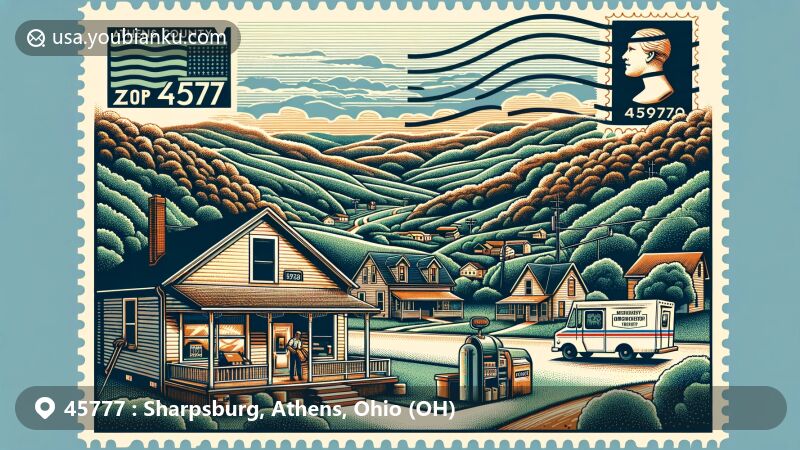 Modern illustration of Sharpsburg, Athens County, Ohio, featuring Appalachian landscape, historic farmland, and coal mining heritage.