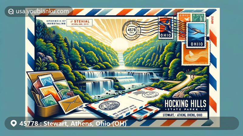 Modern illustration of Stewart, Athens, Ohio, featuring airmail envelope with Hocking Hills State Park inspired design, showcasing scenic trails and waterfalls, with stamps and postmark displaying ZIP Code 45778.