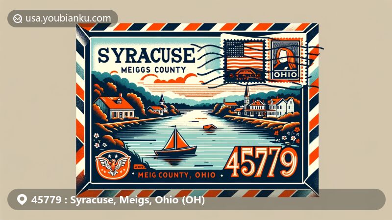 Modern illustration of Syracuse, Meigs County, Ohio, featuring the Ohio River and postal theme with ZIP code 45779, showcasing vintage air mail envelope, stamps, and postal mark.