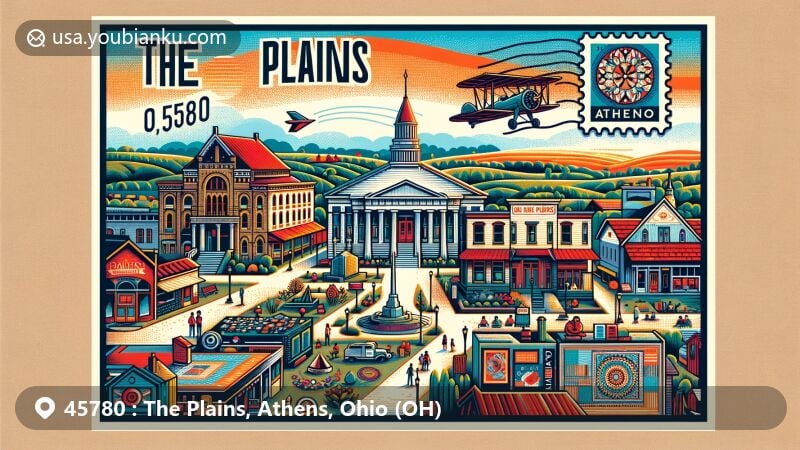 Modern illustration of The Plains, Athens, Ohio, reflecting historical downtown district, Southeast Ohio History Center, Athena Cinema, Dairy Barn Arts Center, local art and culture with art gallery scene or Quilt National exhibit, Wolf Plains Mound Group, and scenic southern Ohio landscape with postal elements.