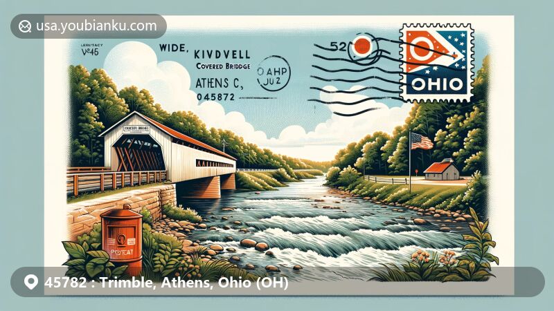 Beautiful illustration of Trimble, Athens, Ohio, emphasizing the Kidwell Covered Bridge and Sunday Creek in the natural setting, creatively framed with postal elements and Ohio state flag.