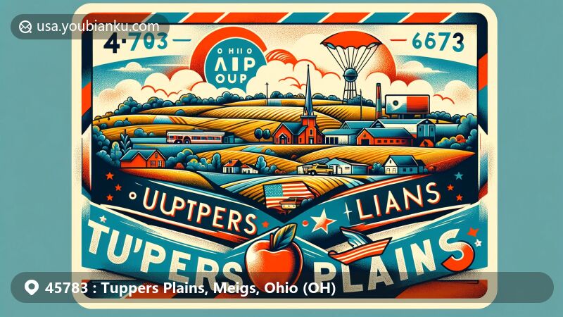 Vintage-style illustration of Tuppers Plains, Meigs, Ohio, representing postal theme with ZIP code 45783, showcasing rural landscape at the intersection of State Routes 7 and 681, including apple symbol for education and Ohio state flag in background.