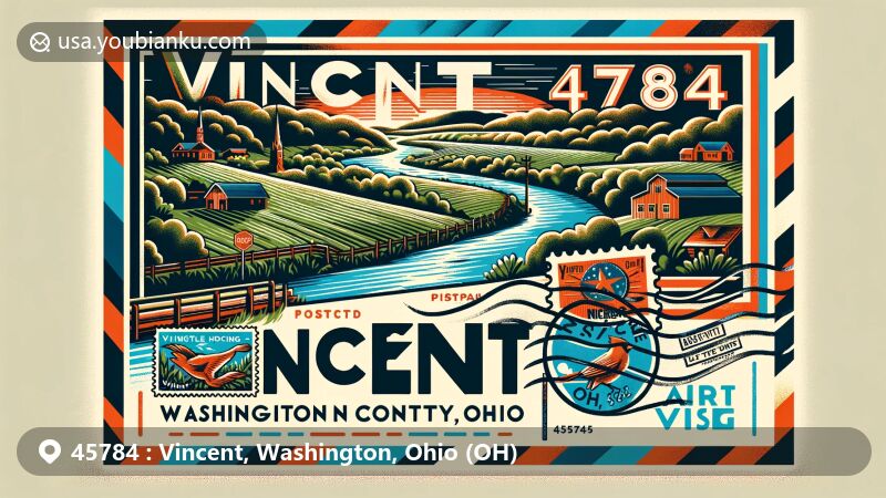Creative illustration of Vincent, Washington County, Ohio, featuring postal theme with ZIP code 45784, showcasing Little Hocking River, lush green landscapes, and Ohio state symbols.