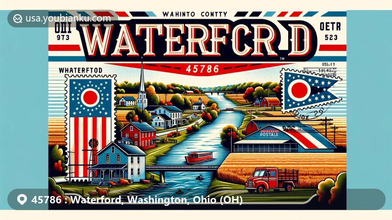 Modern illustration of Waterford, Ohio, showcasing postal theme with ZIP code 45786, featuring Muskingum River, rural landscapes, and Ohio state flag.