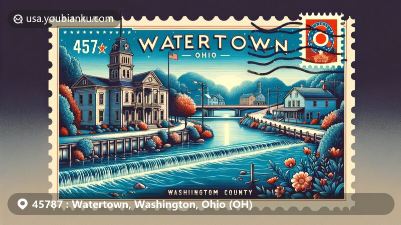 Modern illustration of Watertown, Washington County, Ohio, resembling a postcard design capturing the beauty of Wolf Creek and Muskingum River, blending Stick-Eastlake and Italianate styles, featuring vintage Ohio state flag postage stamp.