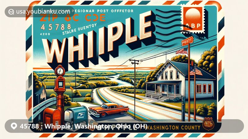 Modern illustration of Whipple, Washington County, Ohio, showcasing postal theme with ZIP code 45788, featuring scenic landscape of its location near State Route 821 and Whipple Run junction with Duck Creek, incorporating Washington County and postal history symbols.