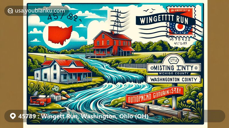 Modern illustration of Wingett Run, Washington, Ohio, featuring Little Muskingum River, Myers General Store, Ohio state flag, and Washington County outline, with vintage postage stamp showcasing ZIP code 45789.