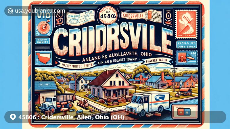 Modern illustration of Cridersville, Allen and Auglaize Counties, Ohio, featuring postal theme with ZIP code 45806, showcasing geographical location and landmark elements.
