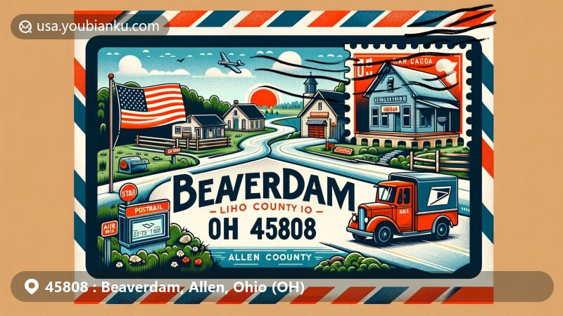 Modern illustration of Beaverdam, Allen County, Ohio, showcasing rural village vibe with Lincoln and Dixie Highways intersection, traditional American truck stops, and Ohio state flag and Allen County outline.