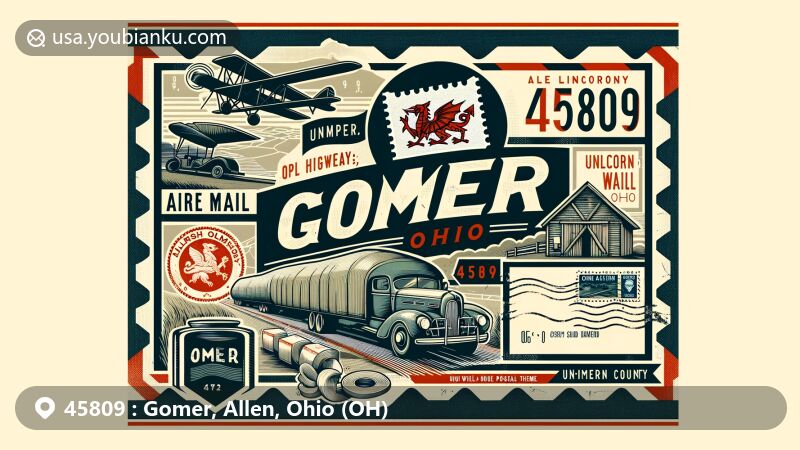 Modern illustration of Gomer, Ohio, ZIP code 45809, showcasing the Old Lincoln Highway, Welsh cultural heritage, vintage postal theme with air mail envelope and ZIP code 45809 stamp.