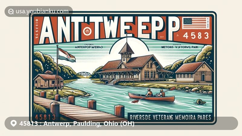 Modern illustration of Antwerp, Ohio, emphasizing ZIP code 45813, featuring Maumee River, Antwerp Norfolk and Western Depot, and Riverside Veterans Memorial Park.