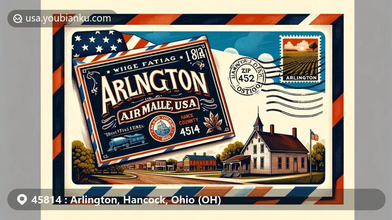 Modern illustration of Arlington, Hancock County, Ohio, featuring vintage air mail envelope with open postcard showcasing historical events and landmarks, integrated with Ohio state flag and Hancock County outline.