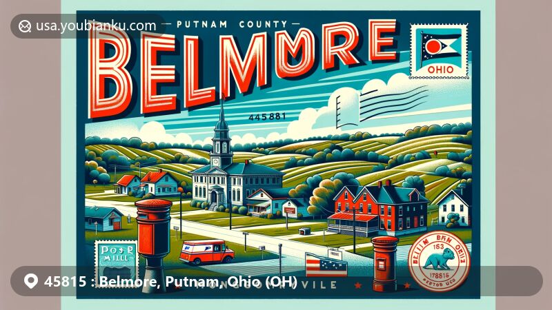 Modern illustration of Belmore, Putnam County, Ohio, capturing the village's rural charm and postal heritage, featuring vintage postcard design with state symbols and stamps.