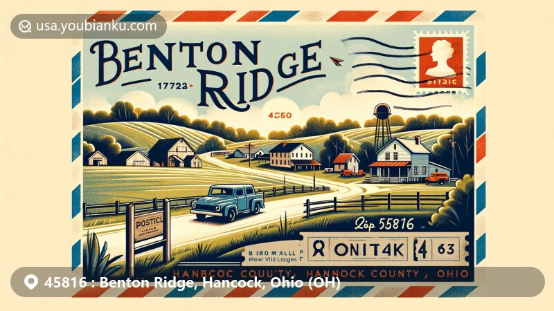 Captivating illustration of Benton Ridge, Hancock County, Ohio, with ZIP code 45816, portraying the village's historic charm and rural beauty, enriched with postal elements and a population of 272.
