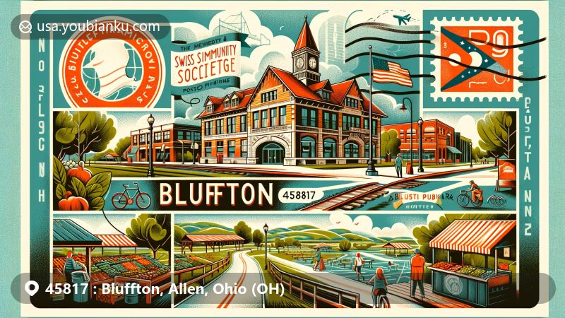 Historical illustration of Swiss Community in Bluffton, Indiana, capturing the essence of Swiss culture and traditions, with a focus on Swiss community landmarks and events.