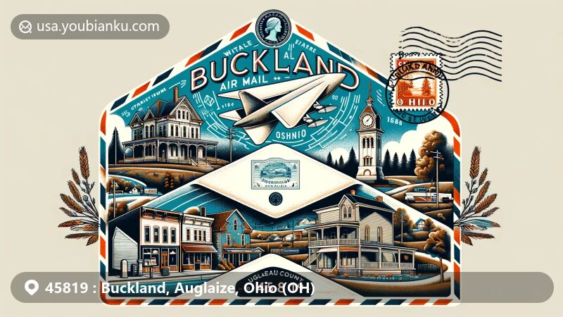 Modern illustration of Buckland, Ohio, ZIP Code 45819, featuring vintage air mail envelope with historical and contemporary elements like White Feather's Town marker, modern village scene, Ohio state flag stamp, postal cancellation mark, and Auglaize County outline.
