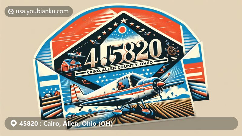 Creative illustration of Cairo, Allen County, Ohio, depicting aviation-themed envelope with ZIP code 45820, incorporating Ohio state flag and rural farming landscapes.