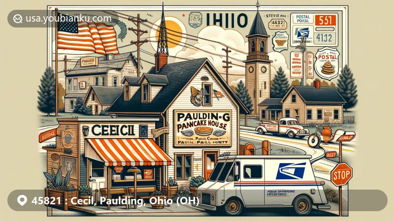 Modern illustration of Cecil, Ohio, highlighting postal theme with Paulding Pancake House as central element, vintage postal truck, mailbox, and Ohio state flag.