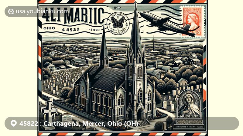 Illustration of Carthagena, Mercer County, Ohio, showcasing historical and cultural elements like St. Aloysius Church, Carthagena Black Cemetery, Maria Stein Shrine of the Holy Relics, Mercer County outline, postal theme with ZIP code 45822, and serene rural landscape.