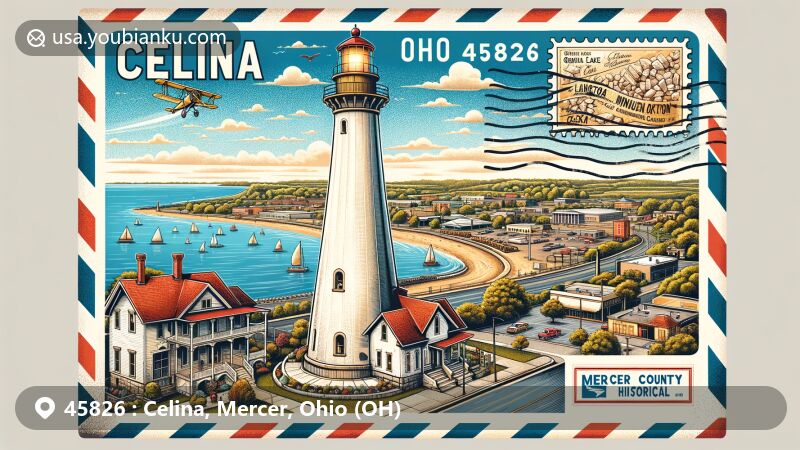 Modern illustration of Celina, Ohio, with zipcode 45826, featuring Celina Lighthouse, Grand Lake St. Marys, Langsdon Mineral Collection, Mercer County Historical Museum, and Celina Lake Festival in a vintage airmail envelope postcard theme.