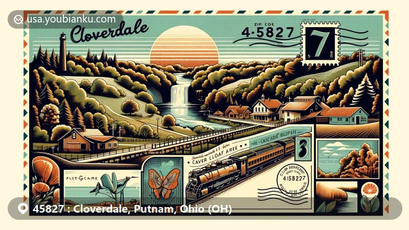 Modern illustration of Cloverdale, Putnam County, Ohio, highlighting the village charm, forests, and Cascade Wildlife Area along the Auglaize River, embodying natural tranquility and beauty.