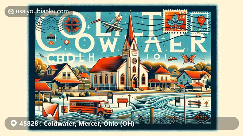 Modern illustration of Coldwater, Ohio, in Mercer County, featuring Holy Trinity Catholic Church as a landmark, with postal elements like an envelope, a stamp of the church, and ZIP code 45828, blending rural charm and community spirit.