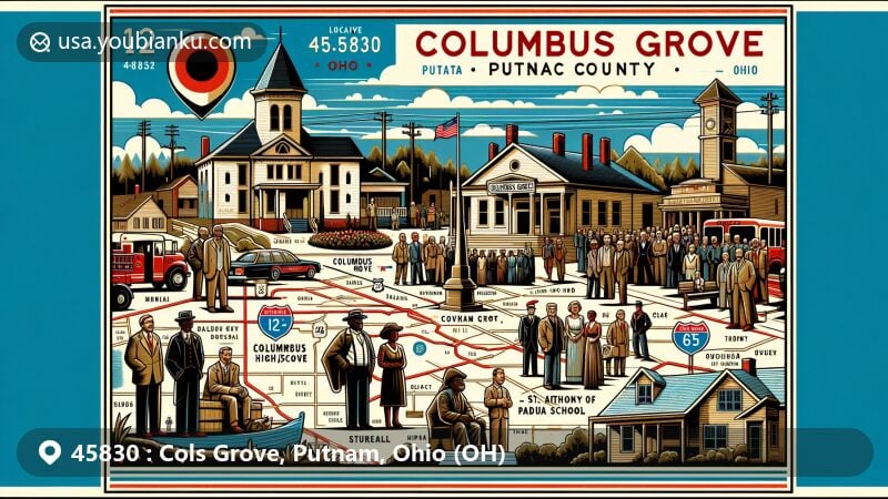 Modern illustration of Columbus Grove, Putnam County, Ohio, highlighting ZIP code 45830, showcasing community spirit and local landmarks like town hall and public schools, featuring diverse demographic and historical tributes.