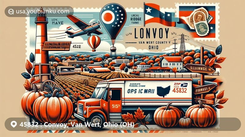Modern illustration of Convoy, Van Wert County, Ohio, highlighting local landmarks and postal theme with ZIP code 45832. Includes Lincoln Ridge Farms' fall festival attractions, Ohio state flag, Van Wert County outline, and downtown Convoy aerial view.
