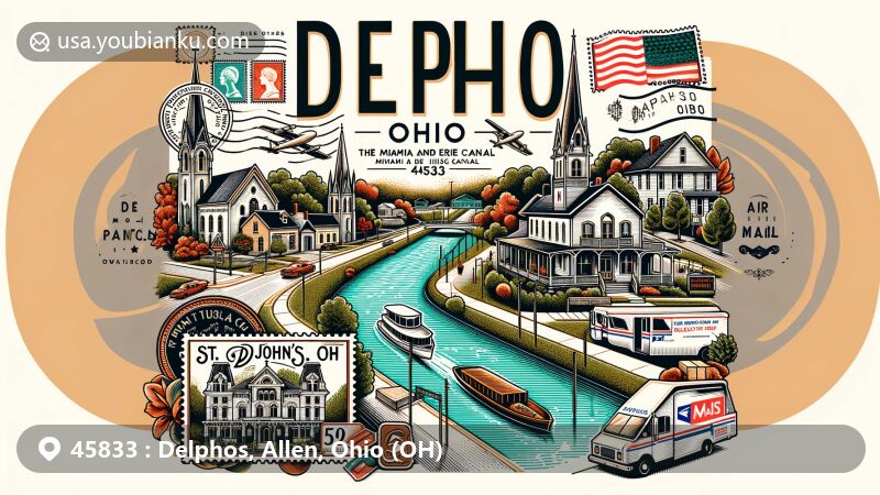 Modern illustration of Delphos area in Allen County, Ohio, highlighting the significance of Miami and Erie Canal, featuring landmarks like Marks-Family House, St. John's Catholic Church, and Bredeick-Lang House.