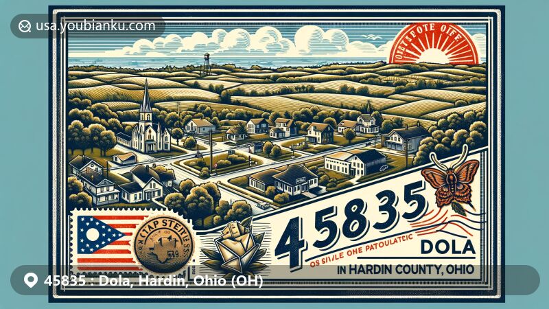Modern illustration of Dola, Hardin County, Ohio, showcasing small-town charm with rural landscapes, featuring key landmarks and postal elements of ZIP Code 45835.