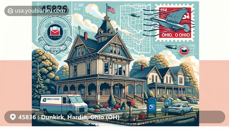 Modern illustration of Dunkirk, Ohio, showcasing ZIP code 45836, featuring iconic Queen Anne house from Main Street, postal scenes with mail carrier, mailboxes, and postal van, Ohio state flag on postage stamp, and Hardin County geography.