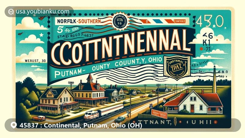 Modern illustration of Continental, Putnam County, Ohio, with vintage postcard and air mail envelope vibe. Features small village scene, Norfolk-Southern Railroad, State Routes 634 and 613, stamp, postmark, and ZIP code 45837.