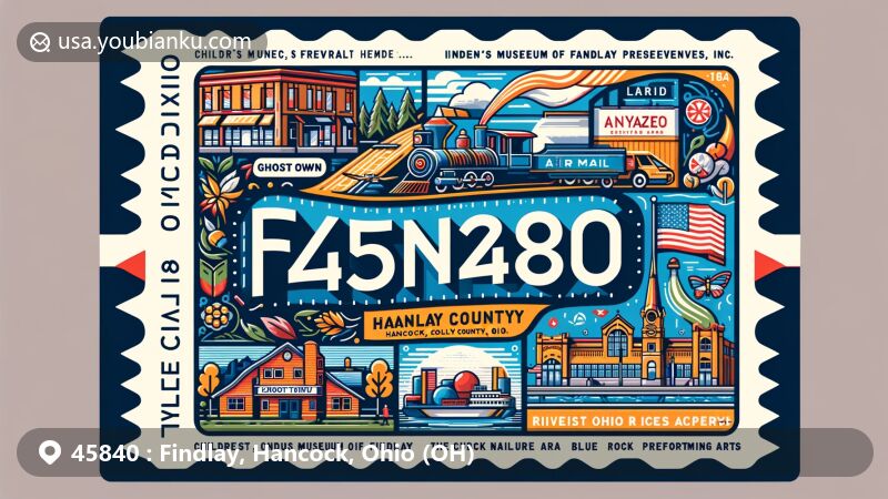 Modern illustration of Findlay, Hancock County, Ohio, representing ZIP code 45840, featuring postal elements like airmail envelopes or postcards. Highlighting landmarks and cultural elements including Ghost Town, Findlay Brewing Company, Children's Museum of Findlay, Swiss Community Historical Society, Northwest Ohio Railroad Preservation Inc., The Cube Skating Rink, Blue Rock Nature Preserve, Riverside Park, Marathon Centre for the Performing Arts, and Ohio state symbols.