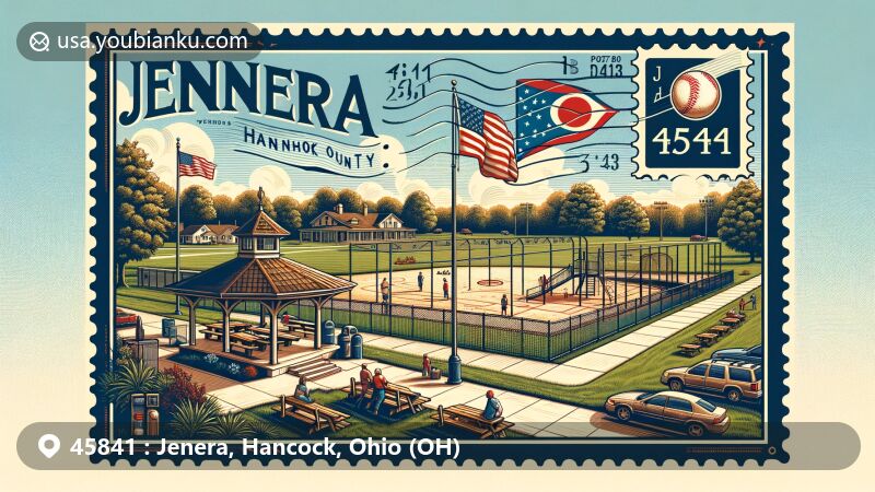 Modern illustration of Jenera, Hancock County, Ohio, showcasing picturesque Jenera Village Park with recreational facilities and postal elements, representing community pride and Ohio state symbols.