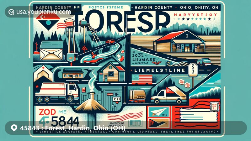 Modern illustration of Forest, Hardin County, Ohio, featuring postal theme with ZIP code 45843, showcasing community spirit and limestone aggregate industry, symbolizing The Shelly Company's significance.