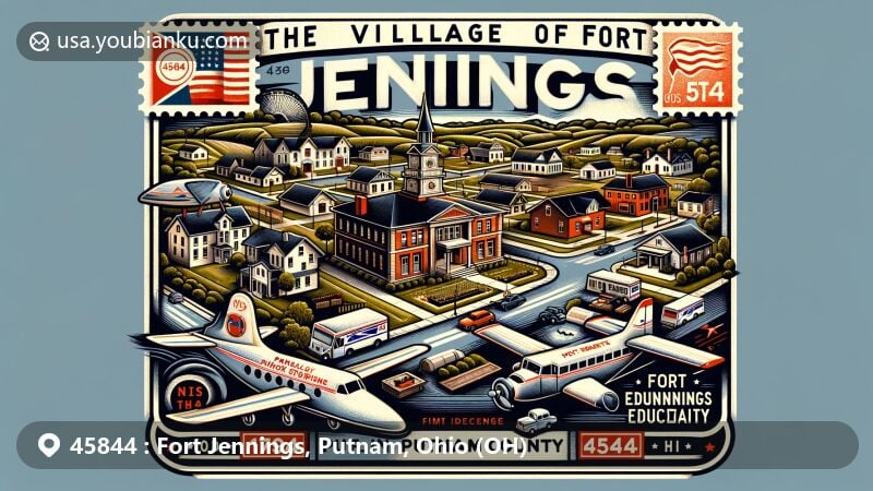 Modern illustration of Fort Jennings, Putnam County, Ohio, showcasing historical and educational significance with iconic symbols like Fort Jennings High School. Geographical layout emphasizes family-oriented and serene atmosphere, integrating airmail envelope theme with ZIP code 45844.