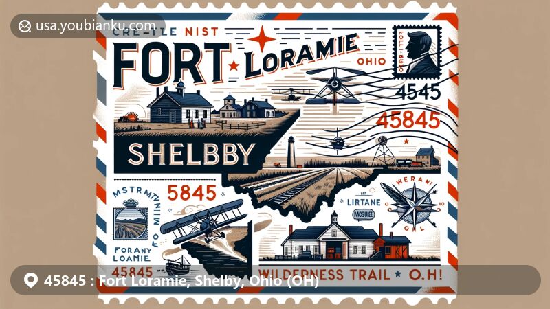 Modern illustration of Fort Loramie, Shelby County, Ohio, highlighting historical significance in the Northwest Indian War and War of 1812, Miami and Erie Canal, and Wilderness Trail Museum, with postal themes of vintage air mail envelope, Ohio stamp, and postal markings.