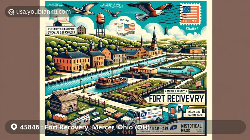 Modern illustration of Fort Recovery, Mercer County, Ohio, featuring historical and postal elements with ZIP code 45846, including Stockade & Blockhouses, Fort Site Park, Ambassador Pool, Franke Historical Walkway, Monument Park, and Historical Museum.