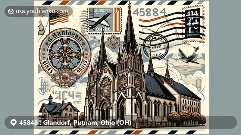 Modern illustration of Glandorf, Putnam County, Ohio, highlighting St. John the Baptist Catholic Church with a 169-foot spire, Munich stained glass windows, and Neo-Gothic architecture. Includes elements of German heritage, Ohio state symbols, vintage postal imagery, and ZIP code 45848.