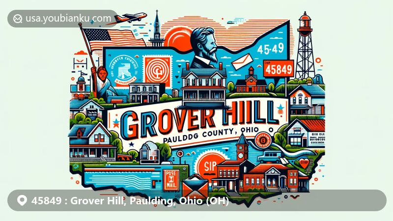 Unique illustration of Grover Hill, Paulding County, Ohio, blending modern design with postal elements and historical significance of President Grover Cleveland.