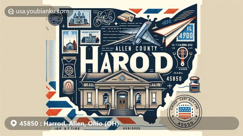 Modern illustration of Harrod, Ohio, in Allen County, showcasing postal theme with ZIP code 45850, featuring Former Harrod State Bank and Ohio state symbols.