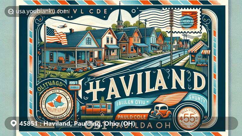 Modern illustration of Haviland, Ohio, in Paulding County, featuring ZIP code 45851, blending small-town charm with postal elements, including an outline of Paulding County and iconic small-town America motifs. The design captures the essence of Haviland's postal heritage and local uniqueness.
