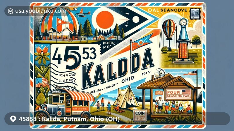 Modern illustration of Kalida, Putnam County, Ohio, featuring Pioneer Days festival, Four Seasons Park, Ohio state flag, and postal elements like vintage stamps and airmail borders.