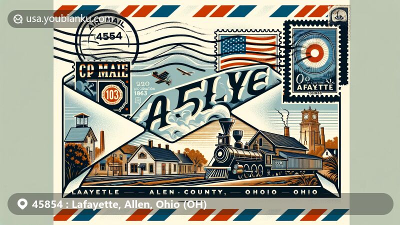 Modern illustration of Lafayette, Allen County, Ohio, highlighting postal theme with ZIP code 45854, featuring Ohio state flag, Allen County outline, historical development around the railroad, postcard of Lafayette after the 1903 fire, incorporation year 1868, and nostalgic postal stamp.