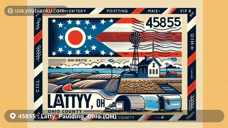 Modern illustration of Latty, Ohio, showcasing postal theme with ZIP code 45855, featuring Ohio state flag, Paulding County map, stamps, postmarks, mailbox, and rural scenery.