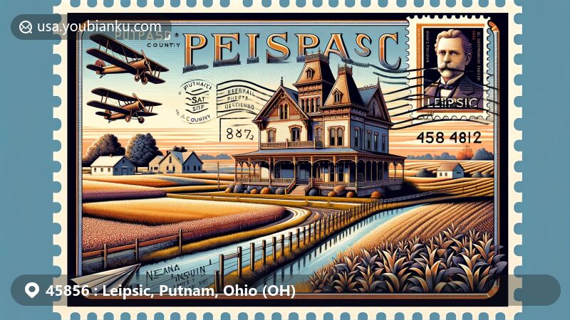 Modern illustration of the John Edwards House in Leipsic, Ohio, featuring a postal theme with ZIP code 45856 and elements of Putnam County, including farmlands and the Blanchard River.