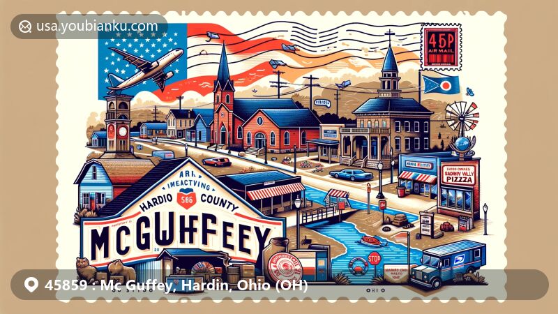 Modern illustration of McGuffey, Hardin County, Ohio, featuring village ambiance, landmarks like Upper Scioto Valley Stadium and Ram's Roost Pizza, geographical features, Ohio state symbols, and postal elements with ZIP code 45859.