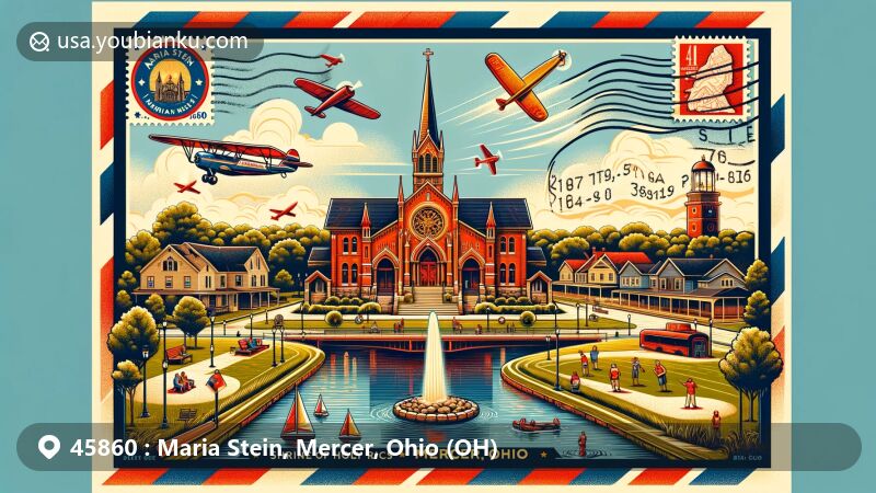 Modern illustration of Maria Stein, Mercer, Ohio, capturing town's essence with ZIP code 45860 on vintage air mail envelope. Features Shrine of the Holy Relics, German influence, and Marion Township Park.